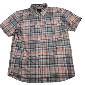 Prana Mens LRG Plaid Short Sleeve Button Down Shirt Red Gray Casual Outdoor